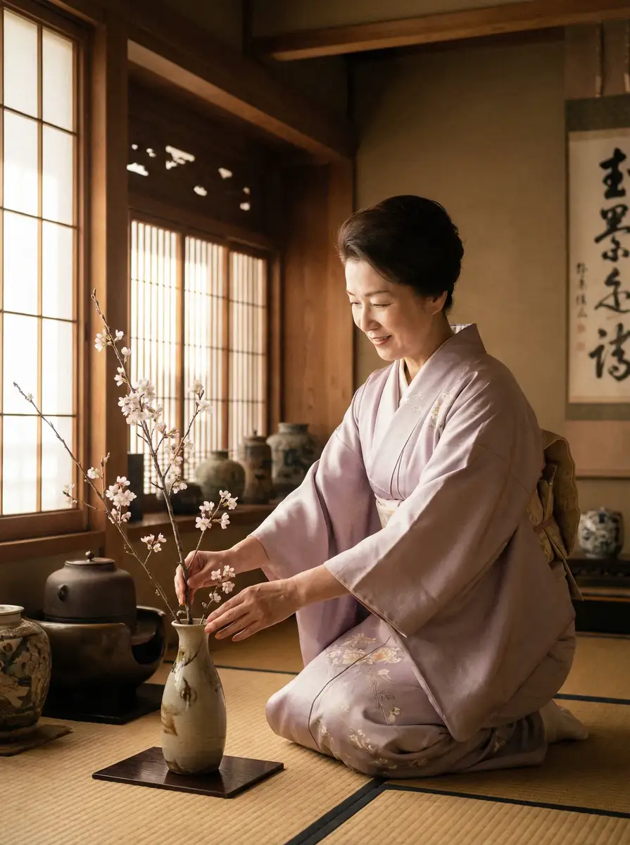 一位优雅的 九游会平台 在和室中插花
